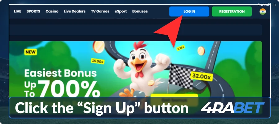 Look for the blue \"Sign Up\" button on the 4raBet homepage.