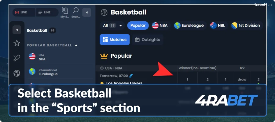 Navigate to the \"Sports\" section and choose Basketball.
