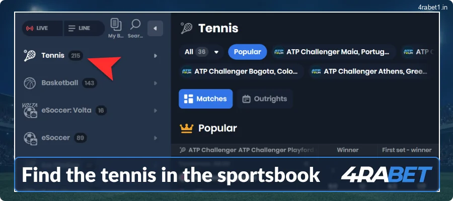 Navigate to the 'Tennis' category within the 4raBet sportsbook;