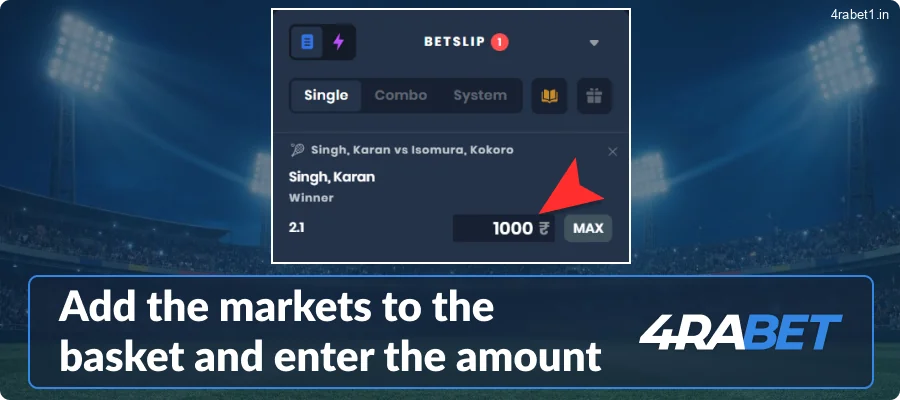 Select your preferred markets to add them to your betting slip and specify your stake;