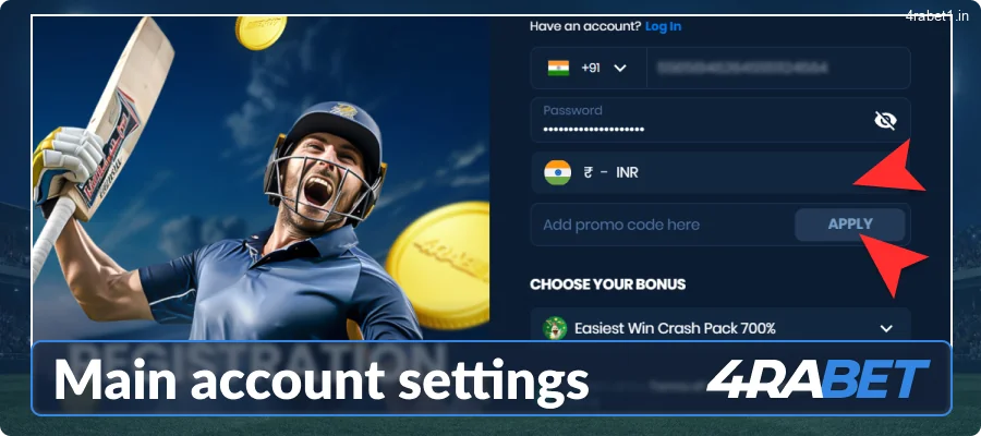 Choose your preferred currency and enter your promo code during the 4rabet India registration process.