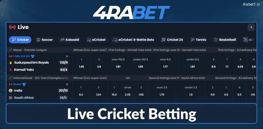 Live In-Play Cricket Betting at 4rabet India