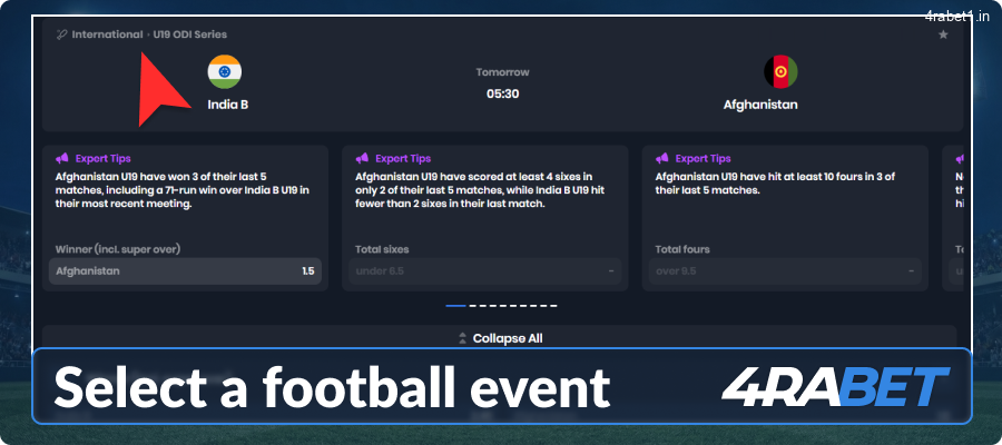 Browse the available leagues and pick a specific football competition on the 4rabet India platform.